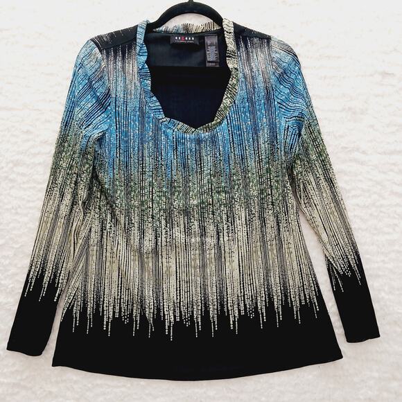 Blouse Size L Ombre Blue Lined Indie Liz Clairborne Retro Luxe Artsy Teacher Y2K - Picture 2 of 16